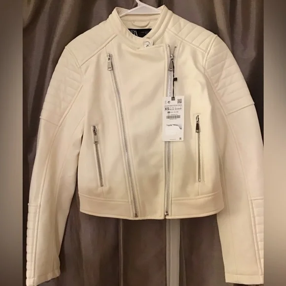 Zara faux leather beige quilted biker cropped jacket - Picture 1 of 2